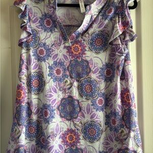 White and Purple Ruffled Blouse with Notched Collar